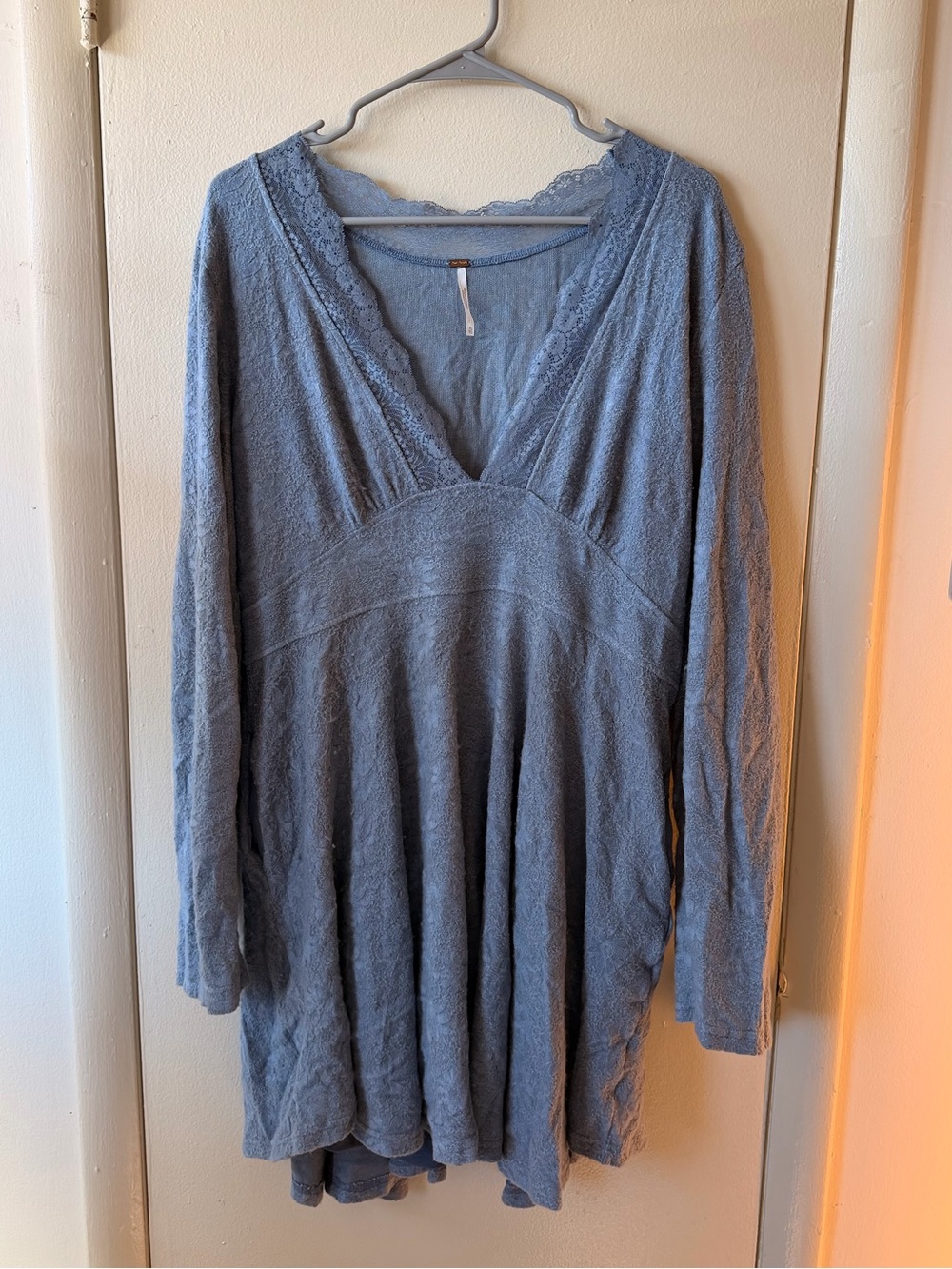Free People XL Dusty Blue Lace Empire Waist Boho Mini Dress